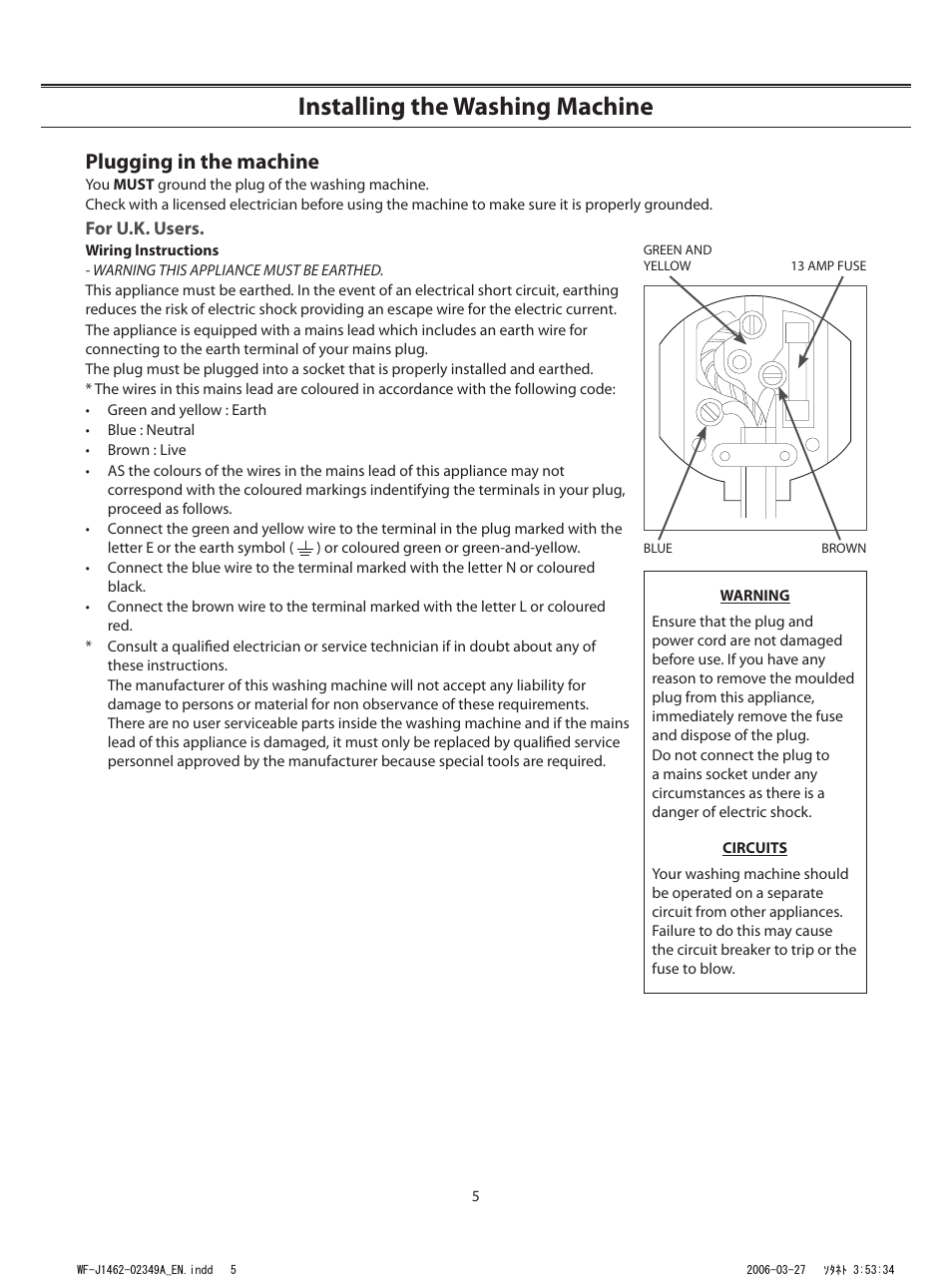 Installing the washing machine, Plugging in the machine | Samsung WF-B1062 User Manual | Page 5 / 56