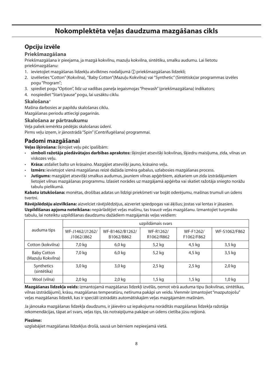 Nokomplektēta veļas daudzuma mazgāšanas cikls, Opciju izvēle, Padomi mazgāšanai | Samsung WF-B1062 User Manual | Page 50 / 56