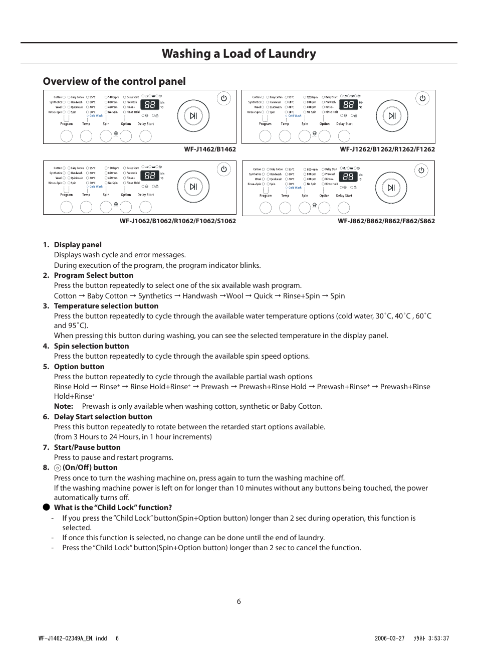 Washing a load of laundry, Overview of the control panel | Samsung WF-B1062 User Manual | Page 6 / 56