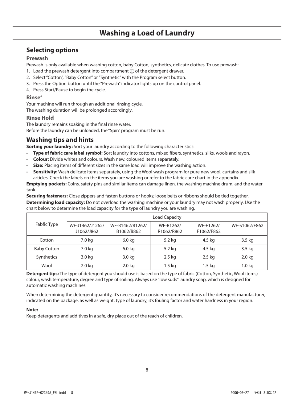 Washing a load of laundry, Selecting options, Washing tips and hints | Samsung WF-B1062 User Manual | Page 8 / 56