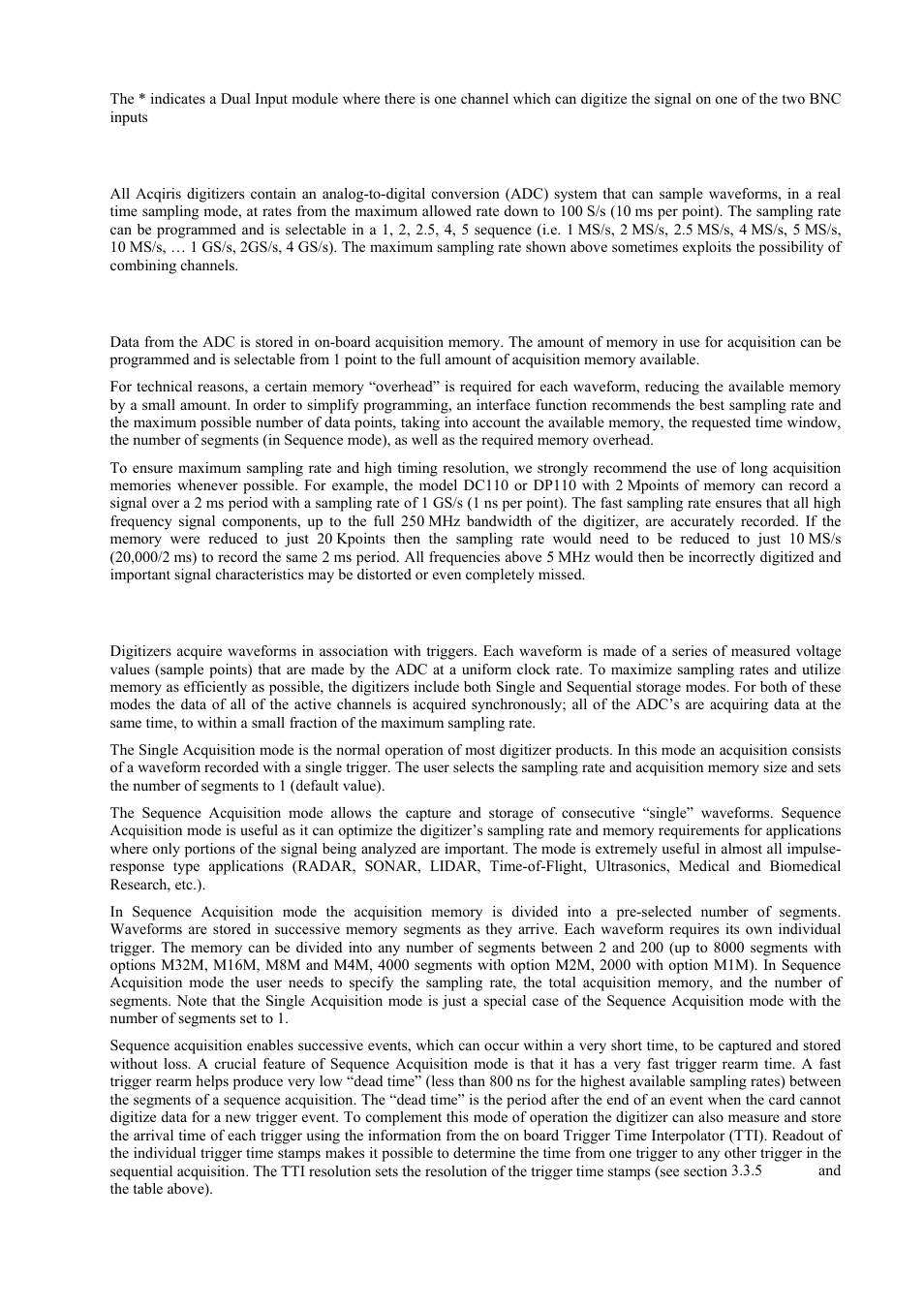 Sampling rate, Acquisition memory, Single and sequence acquisition modes | Agilent Technologies DP211 User Manual | Page 33 / 66