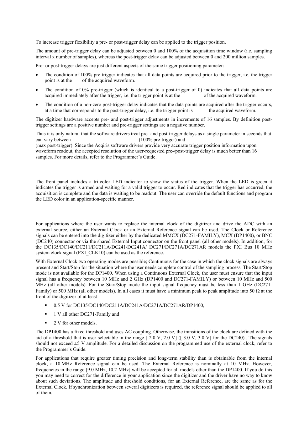 Pre- and post-trigger delay, Trigger status, External clock and reference | Agilent Technologies DP211 User Manual | Page 36 / 66