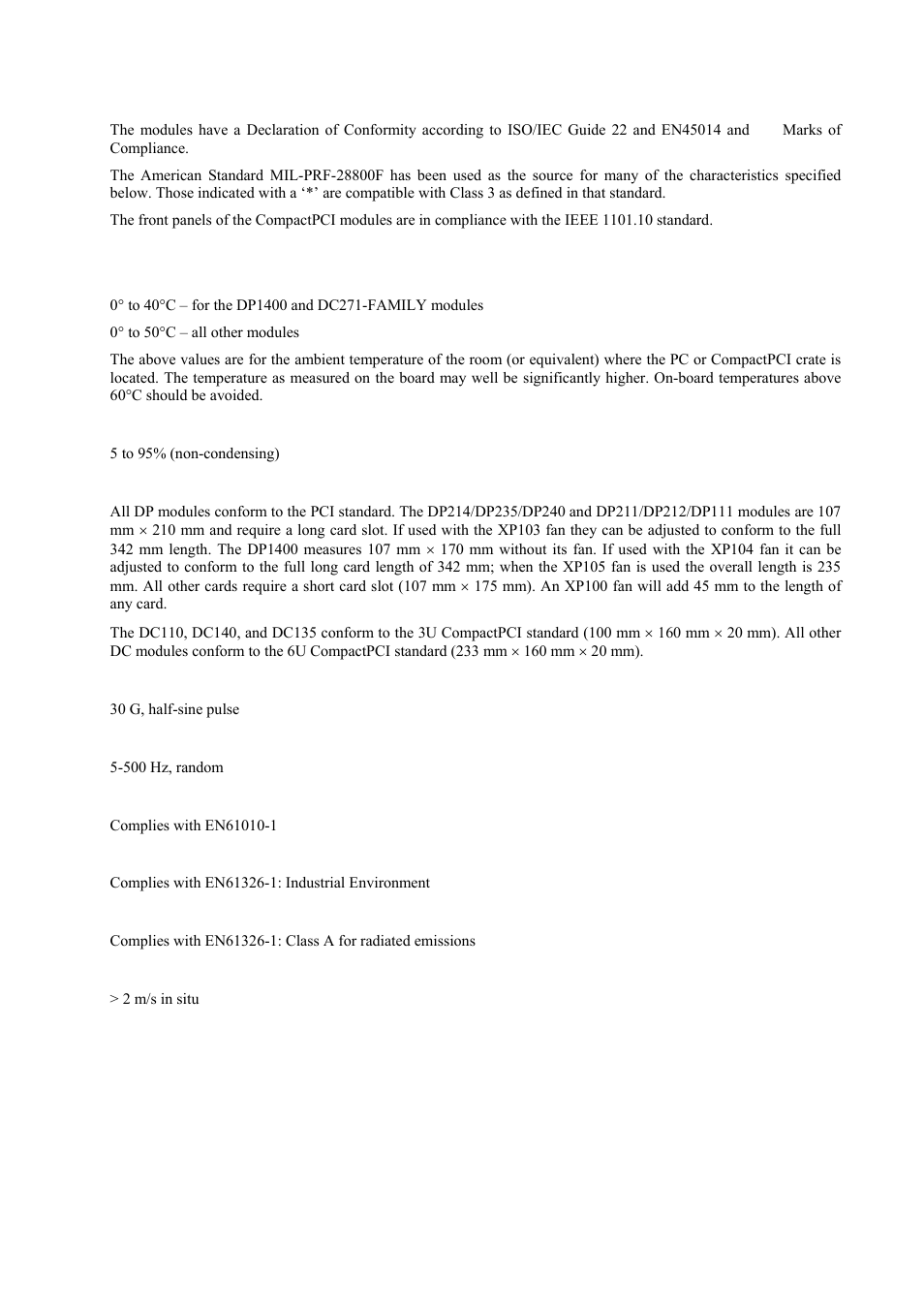 Environmental and physical, Operating temperature, Relative humidity | Dimensions, Shock, Vibration, Safety, Emc immunity, Emc emissions, Required airflow | Agilent Technologies DP211 User Manual | Page 40 / 66