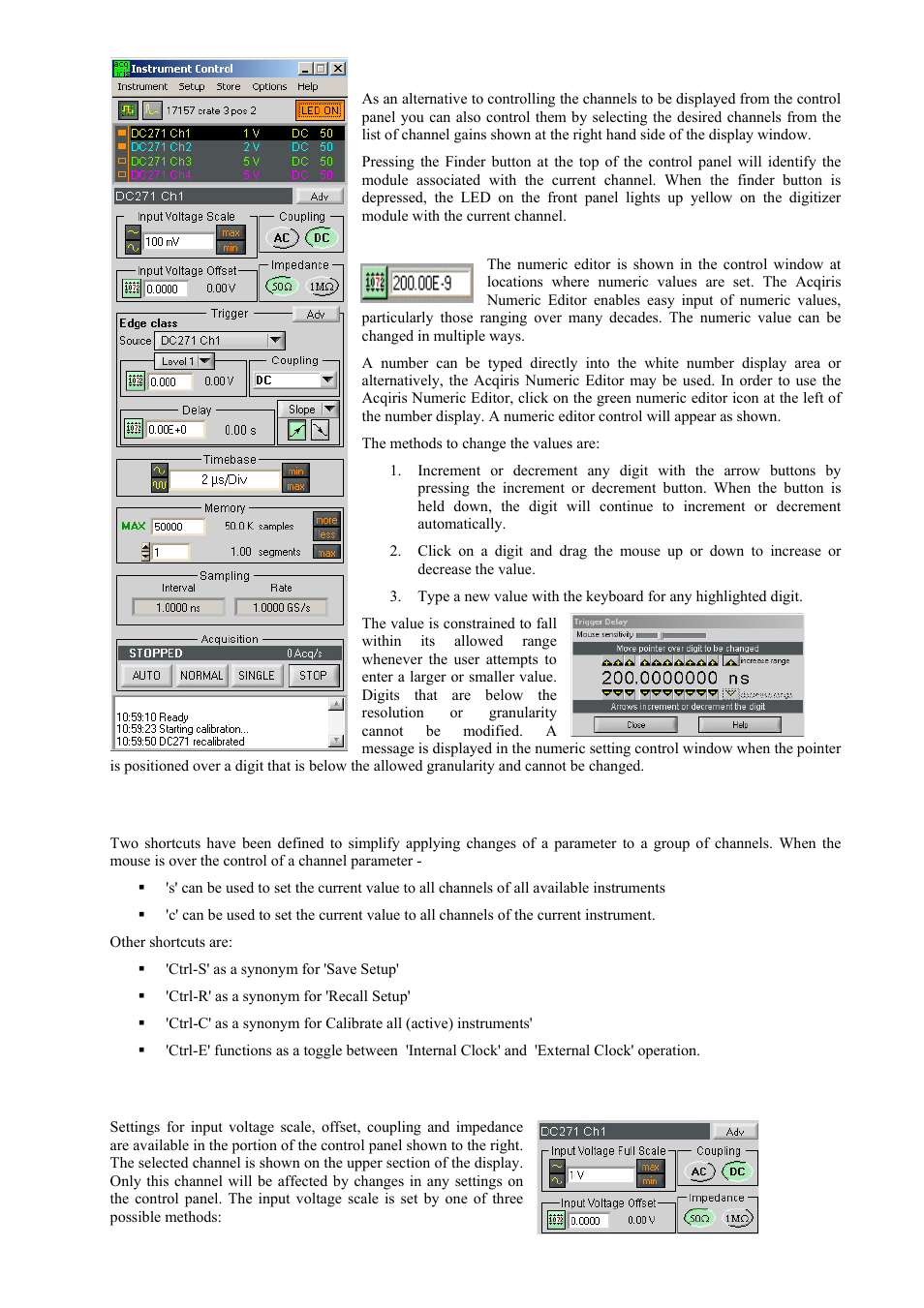 Numeric editor, Keyboard shortcuts, Input voltage scale, offset and coupling | Agilent Technologies DP211 User Manual | Page 44 / 66