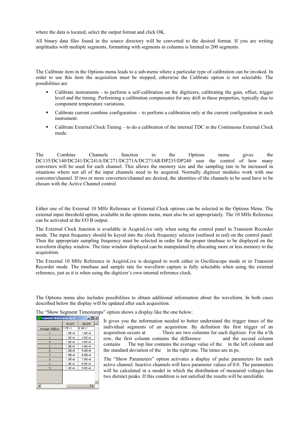 Calibrate, Combine channels, External 10 mhz reference and external clock | Additional waveform information | Agilent Technologies DP211 User Manual | Page 50 / 66