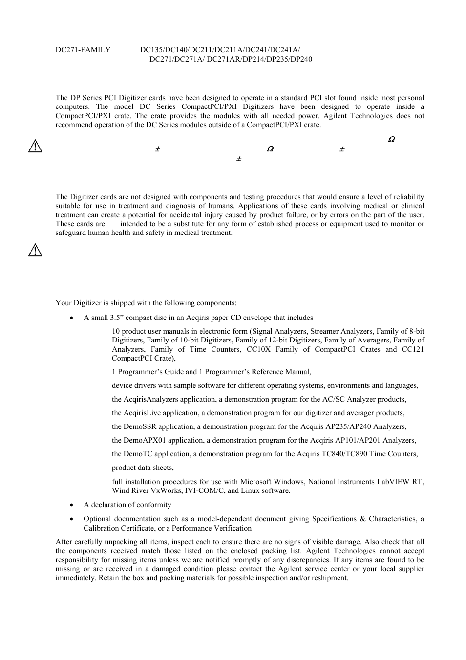 Disclaimer and safety, Warning regarding medical use, Packaging and handling | Agilent Technologies DP211 User Manual | Page 6 / 66