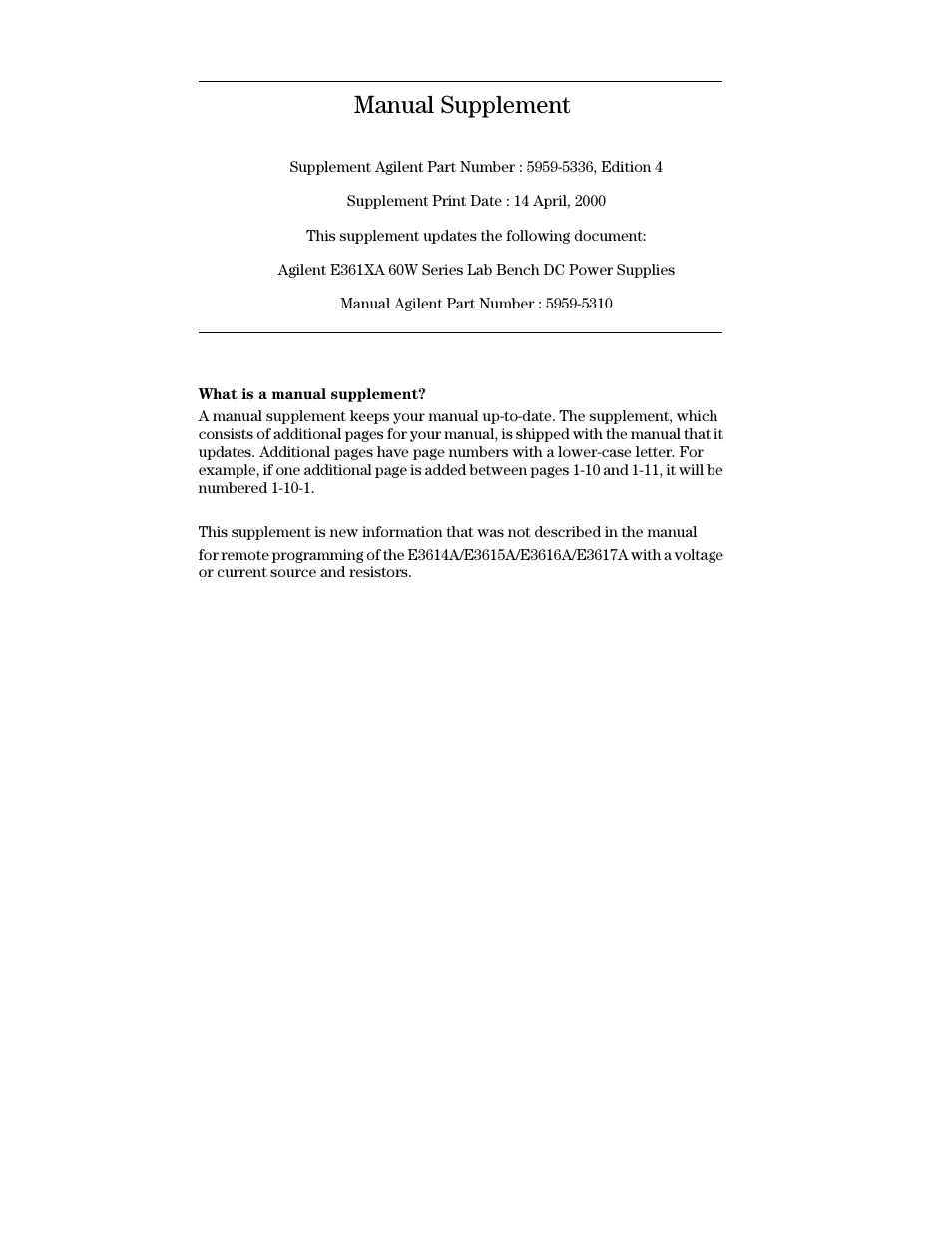 Supplement, Manual supplement | Agilent Technologies E3614A User Manual | Page 38 / 47