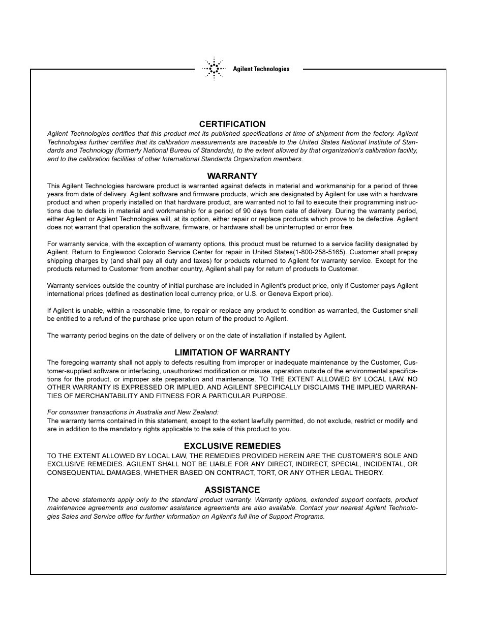 Warranty | Agilent Technologies E3614A User Manual | Page 46 / 47