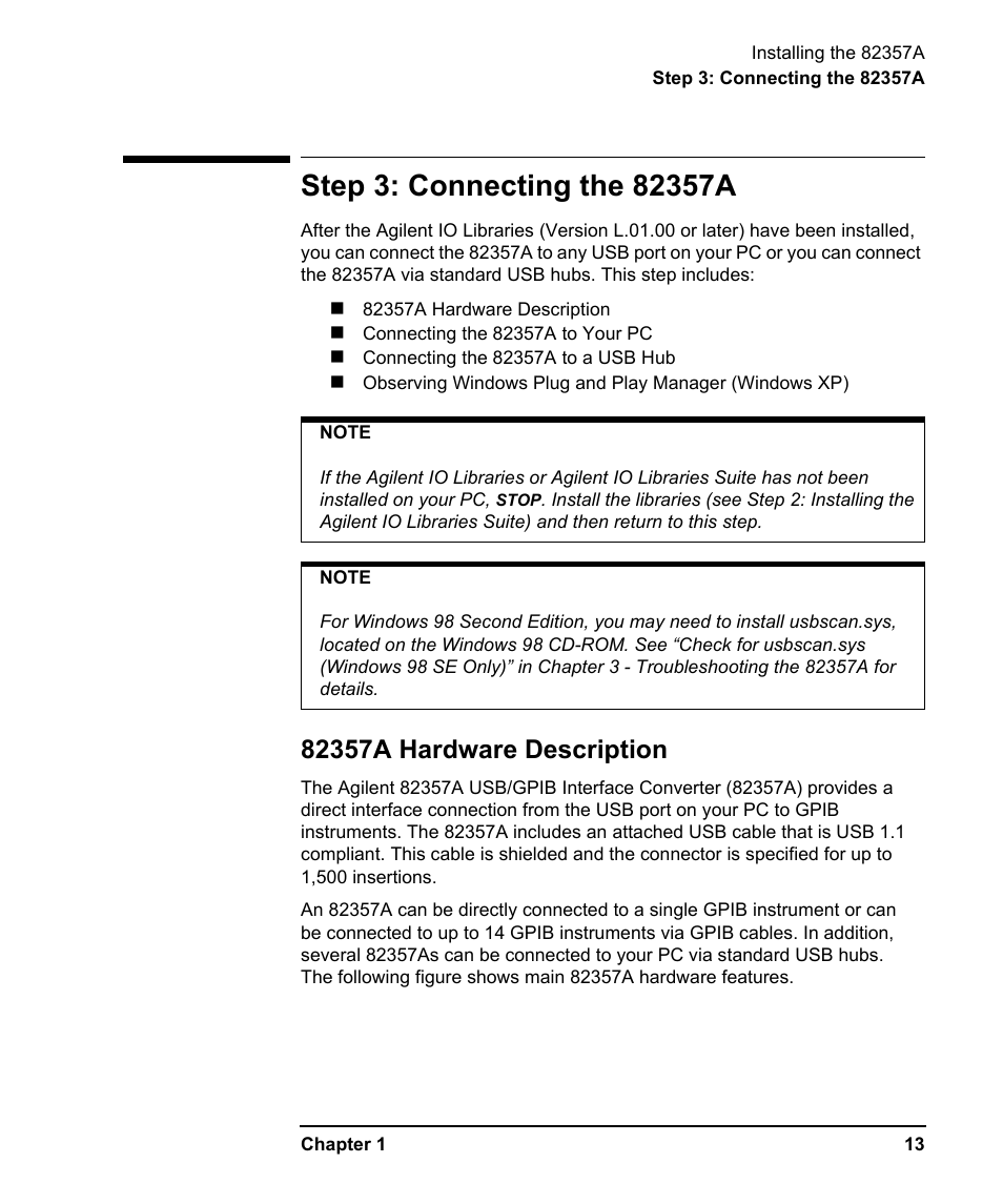 Step 3: connecting the 82357a, 82357a hardware description | Agilent Technologies USB/GPIB Interface Converter 82357A User Manual | Page 13 / 70