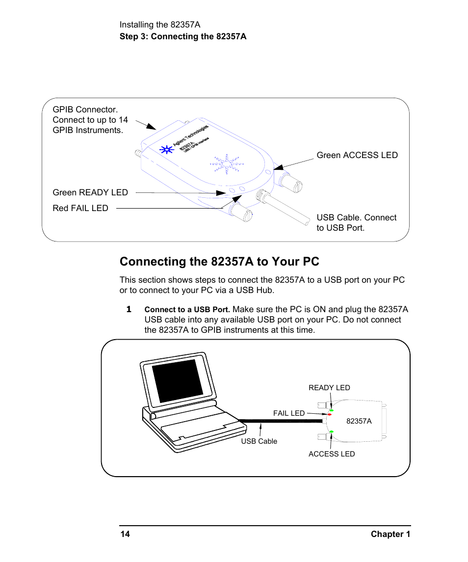 Connecting the 82357a to your pc | Agilent Technologies USB/GPIB Interface Converter 82357A User Manual | Page 14 / 70