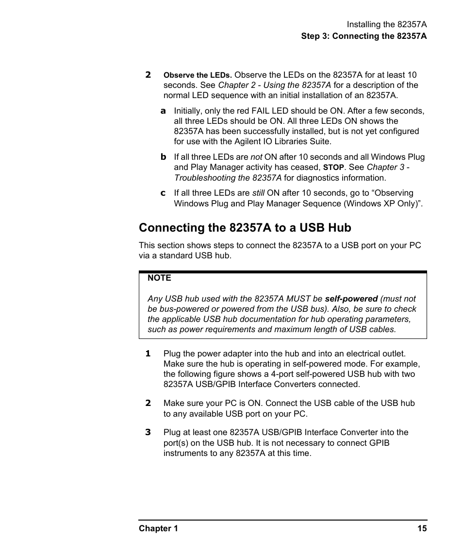 Connecting the 82357a to a usb hub | Agilent Technologies USB/GPIB Interface Converter 82357A User Manual | Page 15 / 70