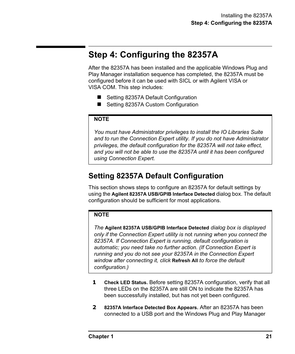 Step 4: configuring the 82357a, Setting 82357a default configuration | Agilent Technologies USB/GPIB Interface Converter 82357A User Manual | Page 21 / 70
