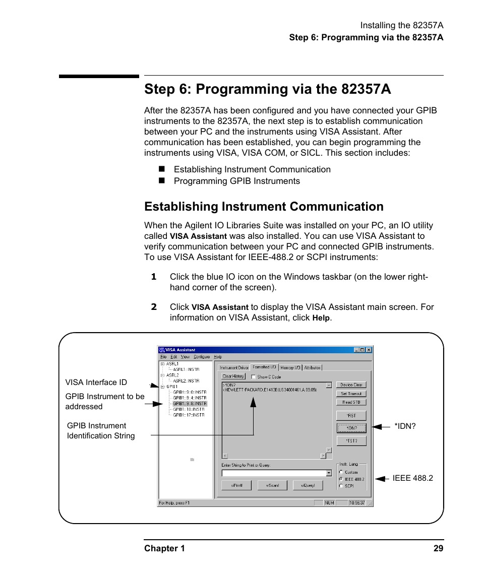 Step 6: programming via the 82357a, Establishing instrument communication | Agilent Technologies USB/GPIB Interface Converter 82357A User Manual | Page 29 / 70