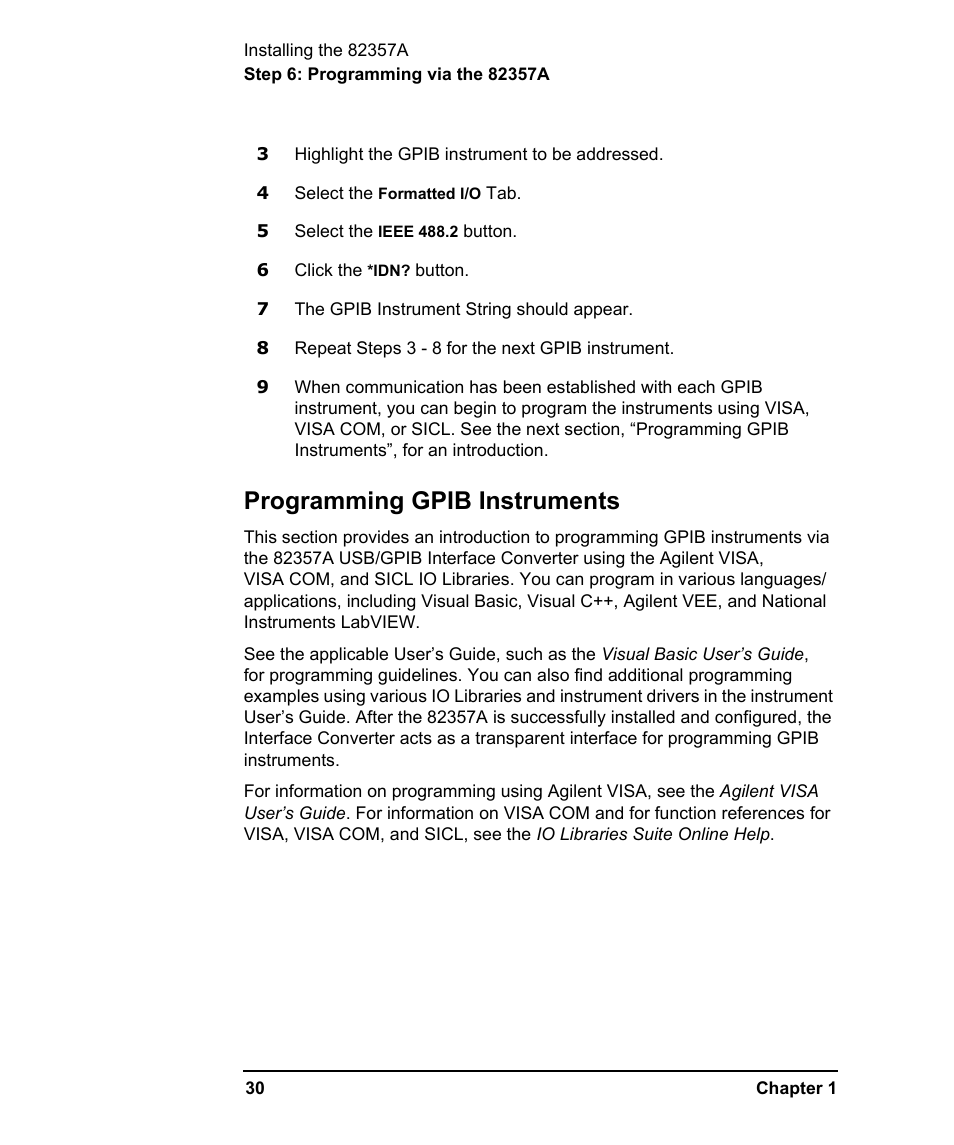Programming gpib instruments | Agilent Technologies USB/GPIB Interface Converter 82357A User Manual | Page 30 / 70