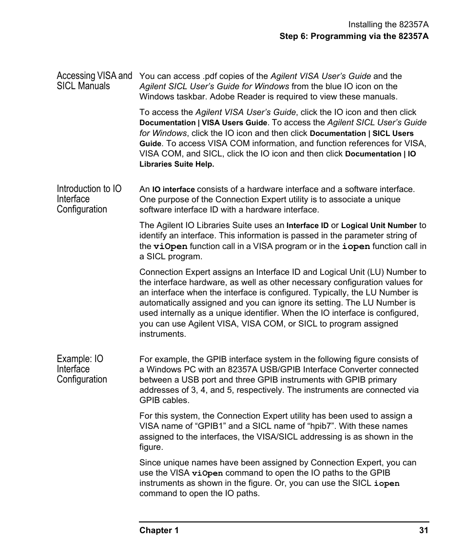 Accessing visa and sicl manuals, Introduction to io interface configuration, Example: io interface configuration | Agilent Technologies USB/GPIB Interface Converter 82357A User Manual | Page 31 / 70
