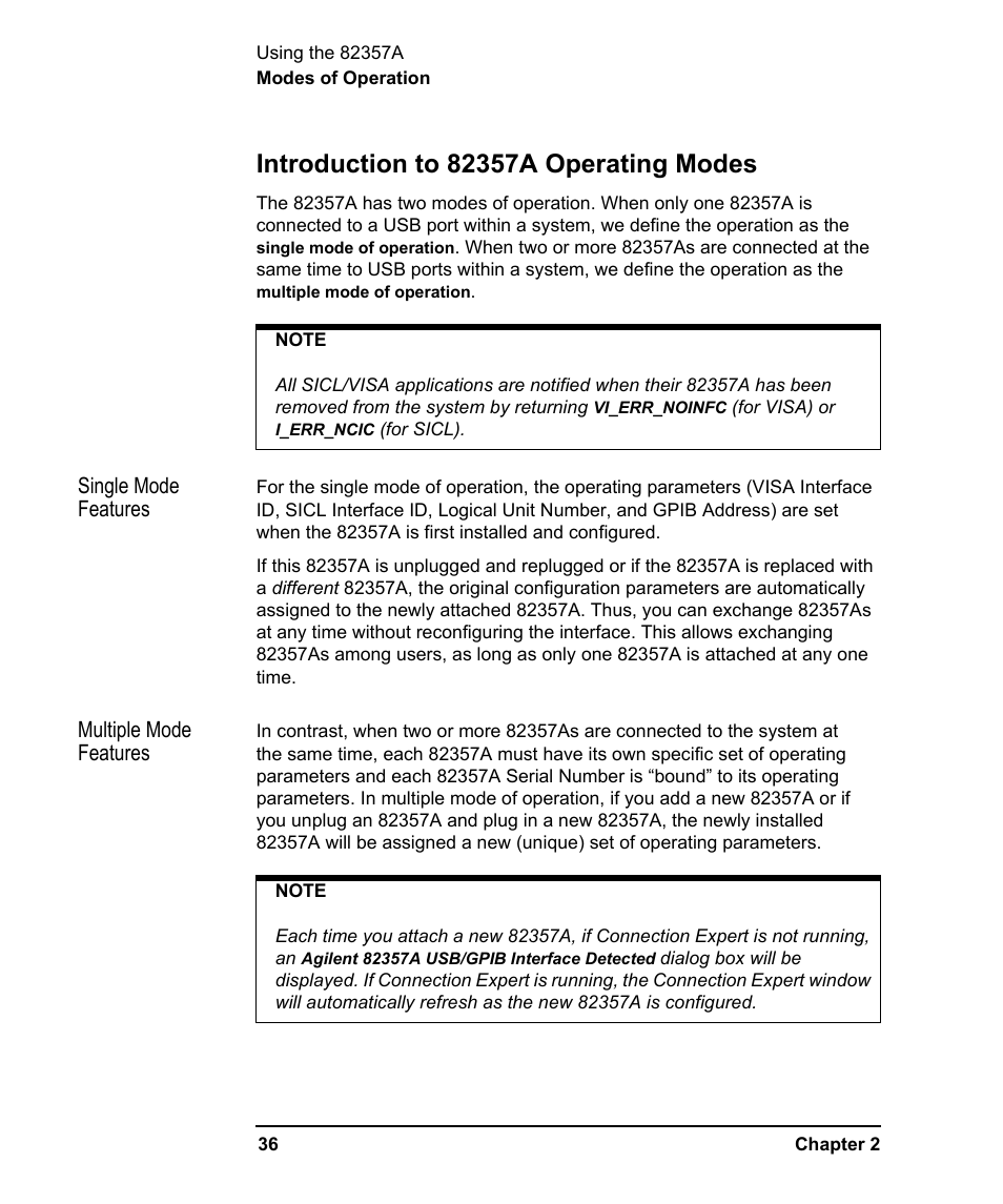 Introduction to 82357a operating modes, Single mode features, Multiple mode features | Agilent Technologies USB/GPIB Interface Converter 82357A User Manual | Page 36 / 70
