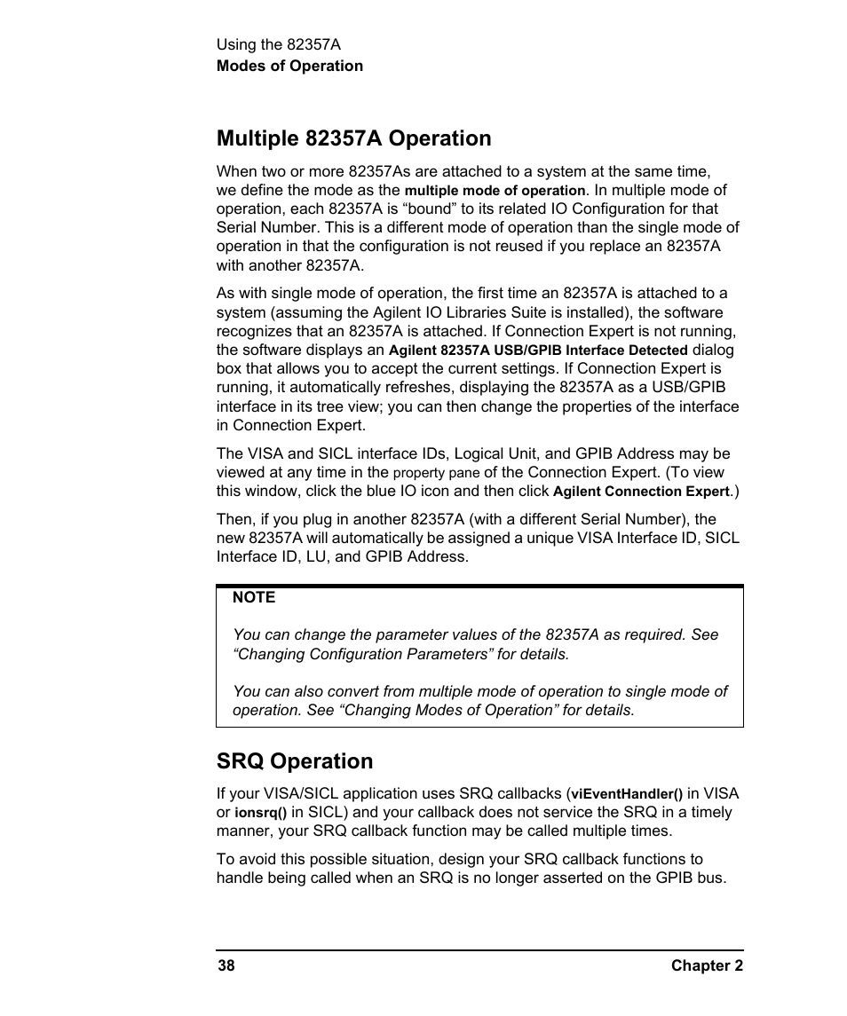 Multiple 82357a operation, Srq operation, Multiple 82357a operation srq operation | Agilent Technologies USB/GPIB Interface Converter 82357A User Manual | Page 38 / 70