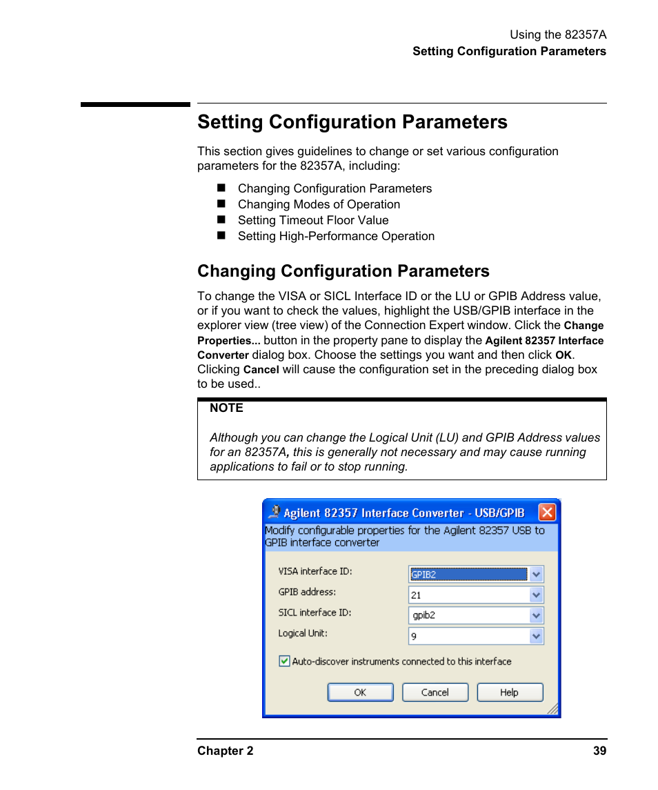 Setting configuration parameters, Changing configuration parameters | Agilent Technologies USB/GPIB Interface Converter 82357A User Manual | Page 39 / 70