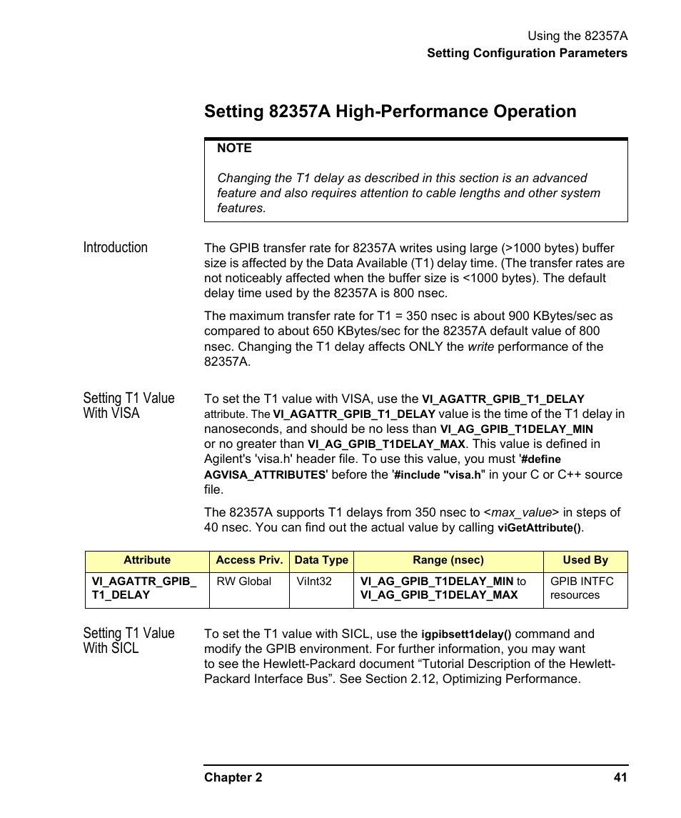 Setting 82357a high-performance operation, Introduction, Setting t1 value with visa | Setting t1 value with sicl | Agilent Technologies USB/GPIB Interface Converter 82357A User Manual | Page 41 / 70