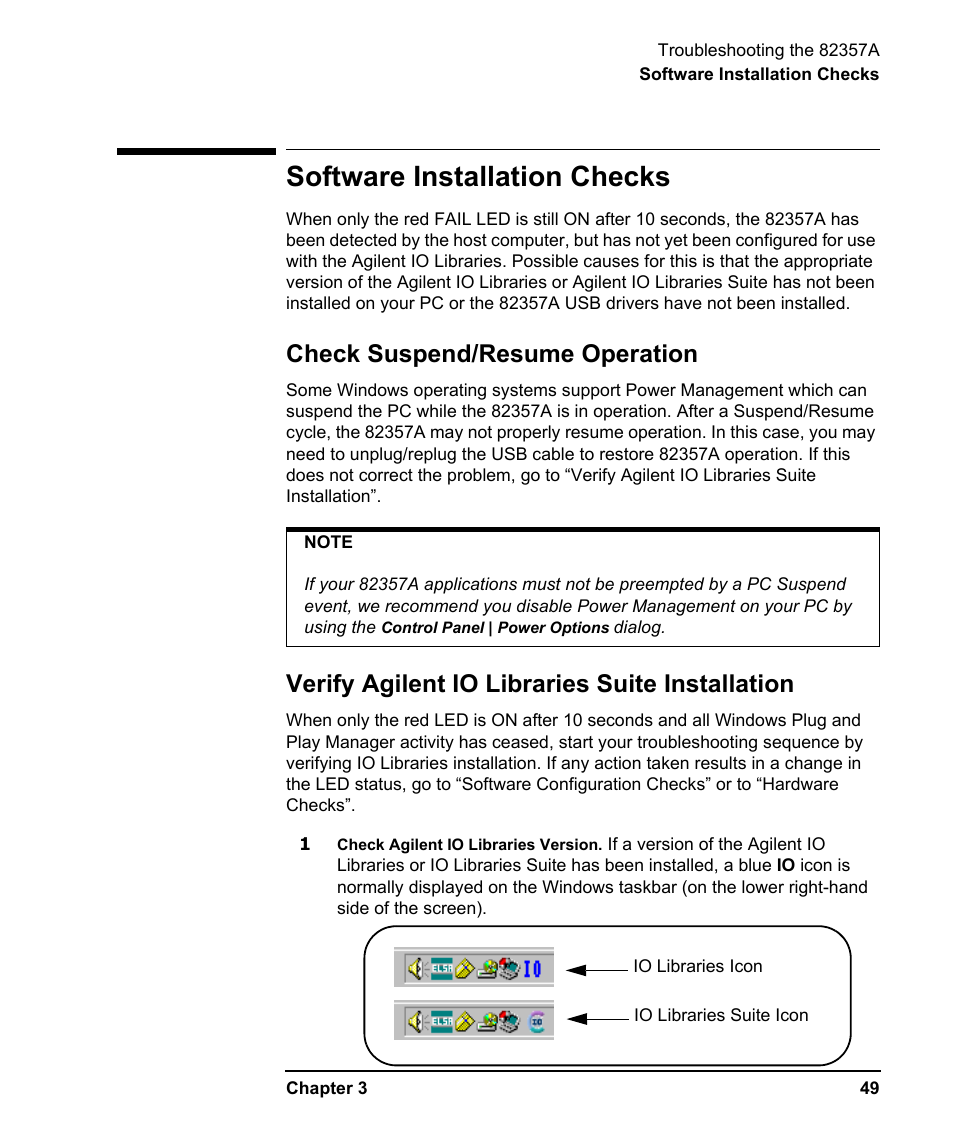 Software installation checks, Check suspend/resume operation, Verify agilent io libraries suite installation | Agilent Technologies USB/GPIB Interface Converter 82357A User Manual | Page 49 / 70