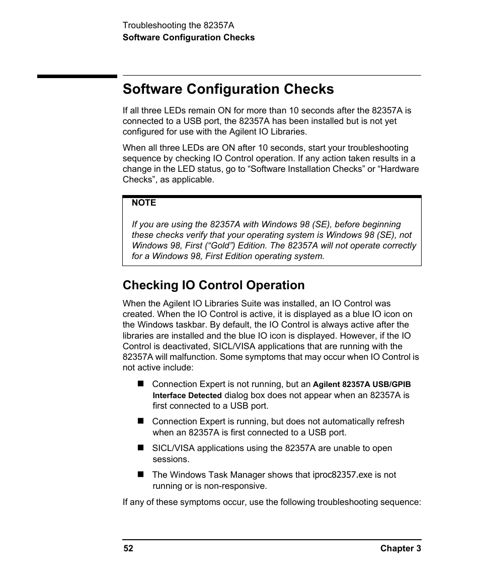Software configuration checks, Checking io control operation | Agilent Technologies USB/GPIB Interface Converter 82357A User Manual | Page 52 / 70