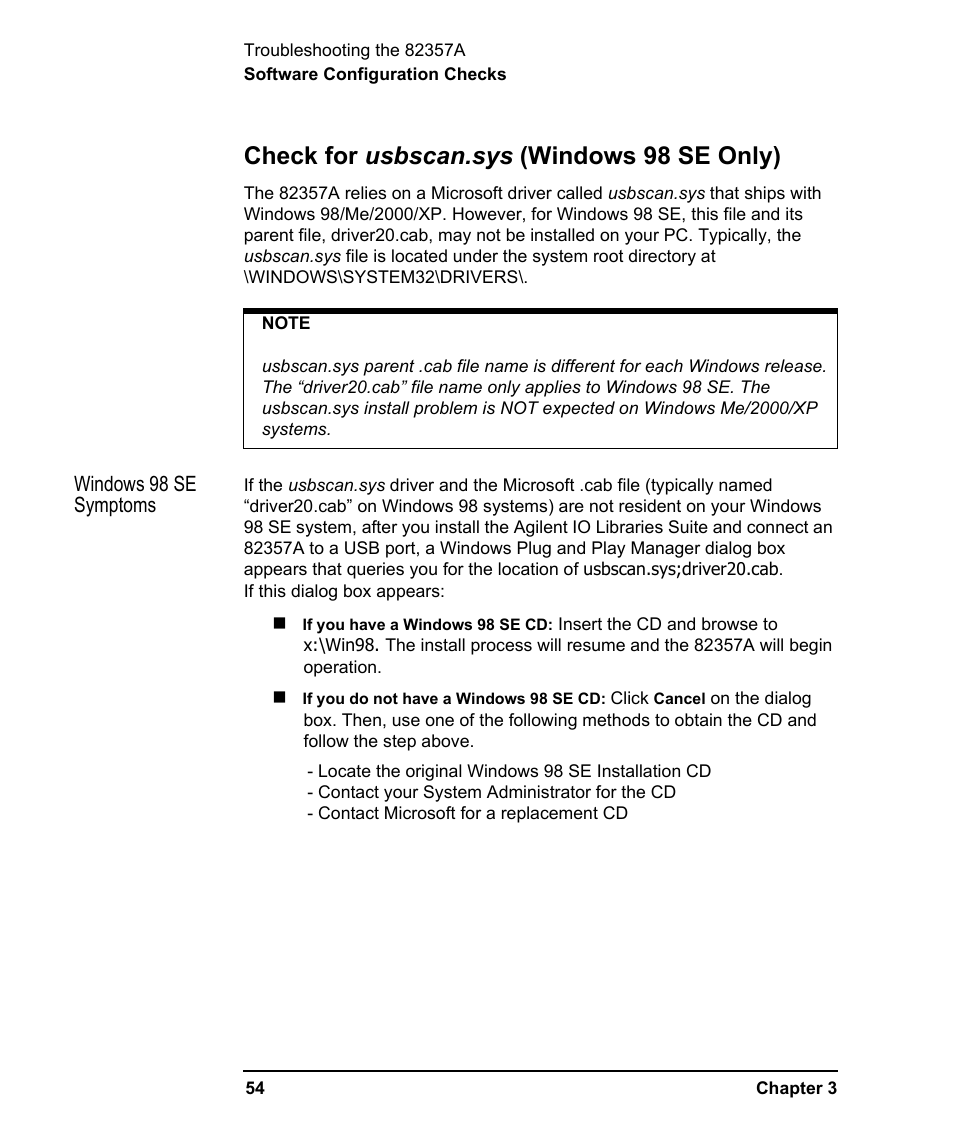 Check for usbscan.sys (windows 98 se only) | Agilent Technologies USB/GPIB Interface Converter 82357A User Manual | Page 54 / 70