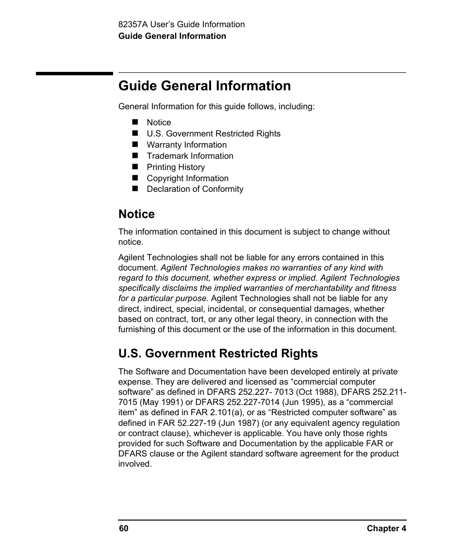 Guide general information, Notice, U.s. government restricted rights | Agilent Technologies USB/GPIB Interface Converter 82357A User Manual | Page 60 / 70