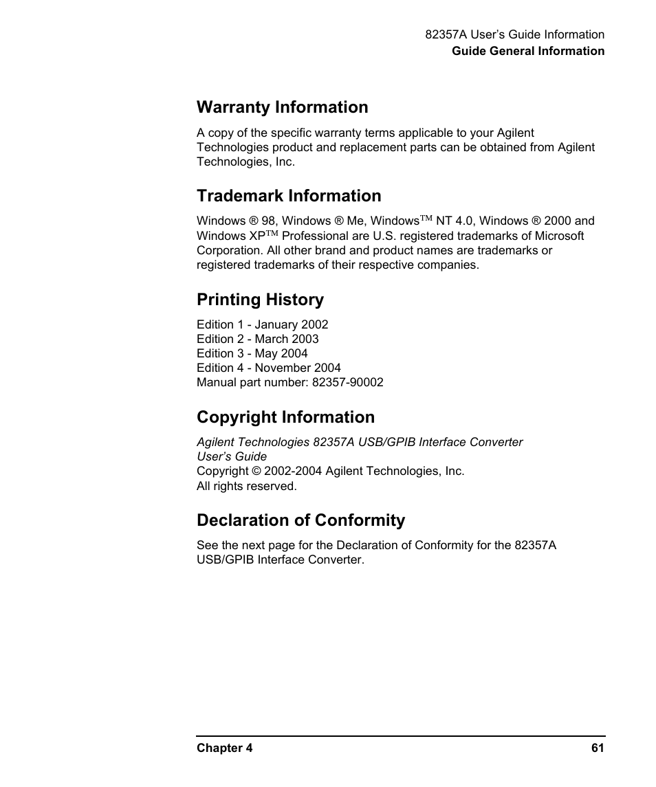 Warranty information, Trademark information, Printing history | Copyright information, Declaration of conformity | Agilent Technologies USB/GPIB Interface Converter 82357A User Manual | Page 61 / 70