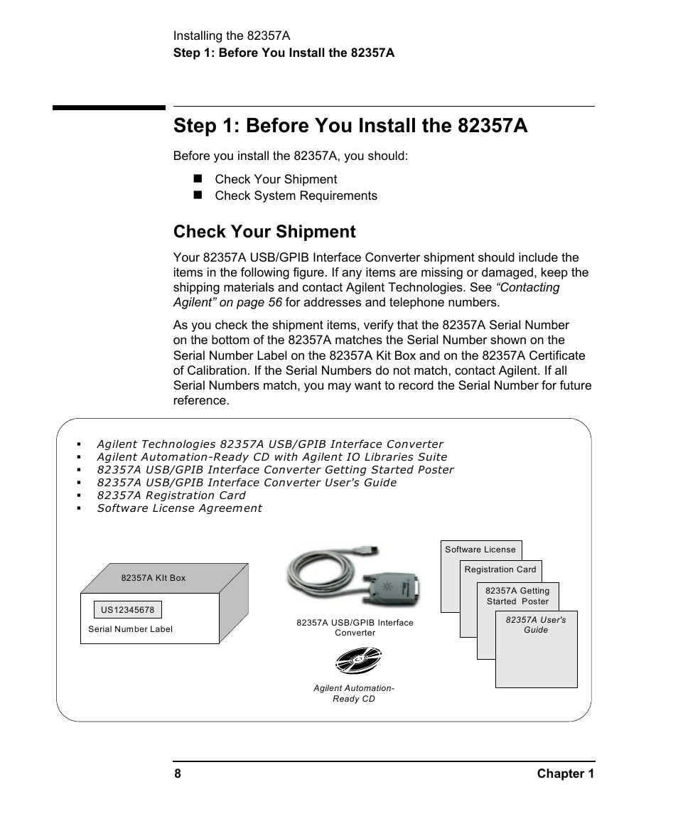 Step 1: before you install the 82357a, Check your shipment | Agilent Technologies USB/GPIB Interface Converter 82357A User Manual | Page 8 / 70