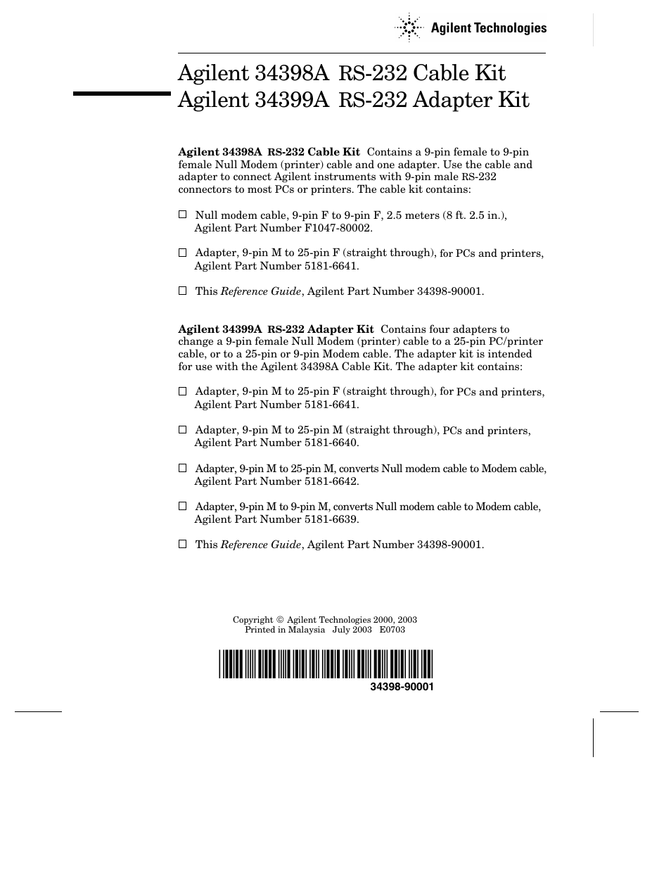 Agilent Technologies 34398A RS-232 User Manual | 3 pages
