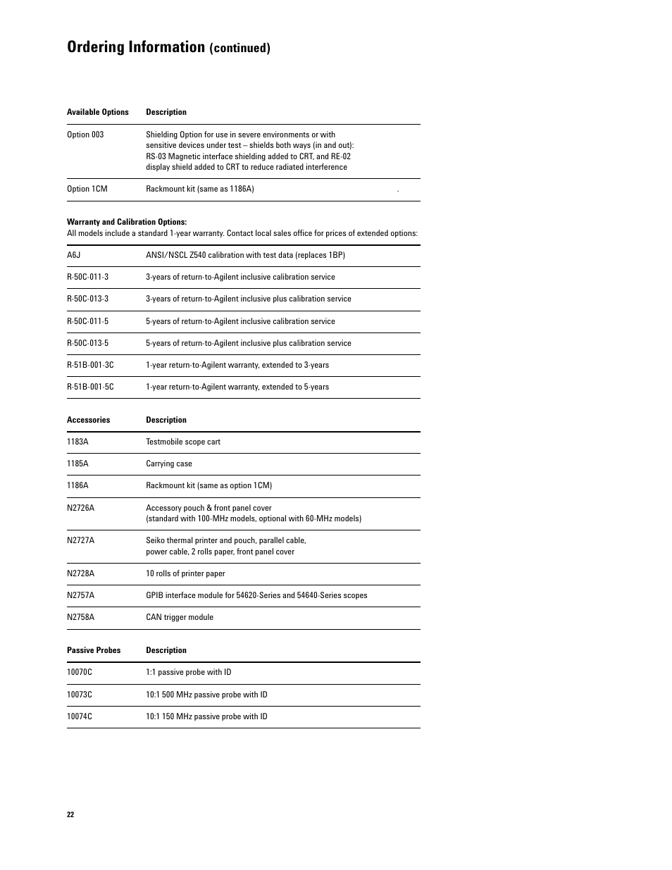 Ordering information, Continued) | Agilent Technologies 54600-Series User Manual | Page 22 / 24