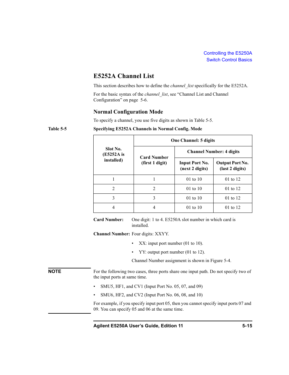 E5252a channel list, E5252a channel list -15 | Agilent Technologies Agilent E5250A User Manual | Page 109 / 326