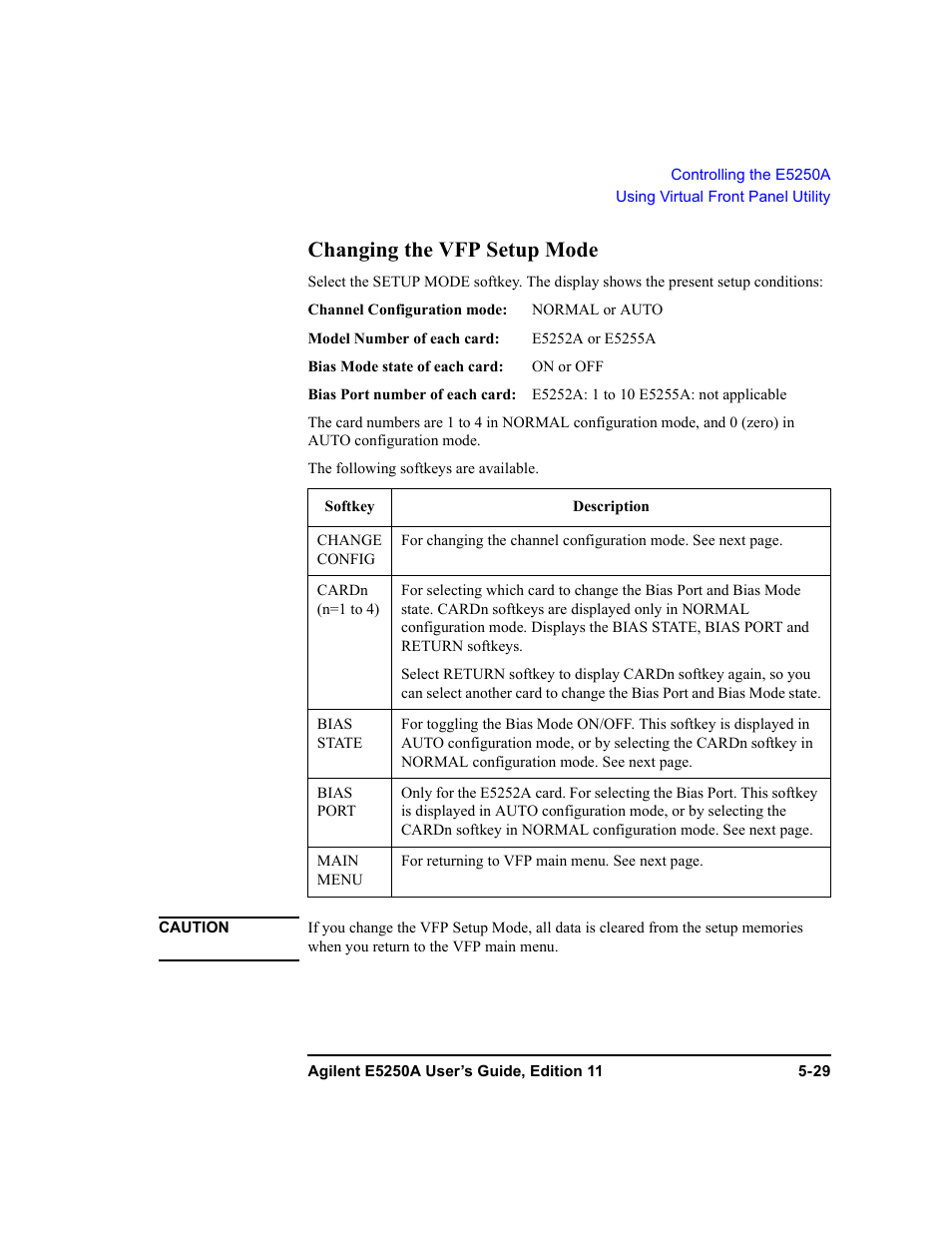 Changing the vfp setup mode, Changing the vfp setup mode -29 | Agilent Technologies Agilent E5250A User Manual | Page 123 / 326