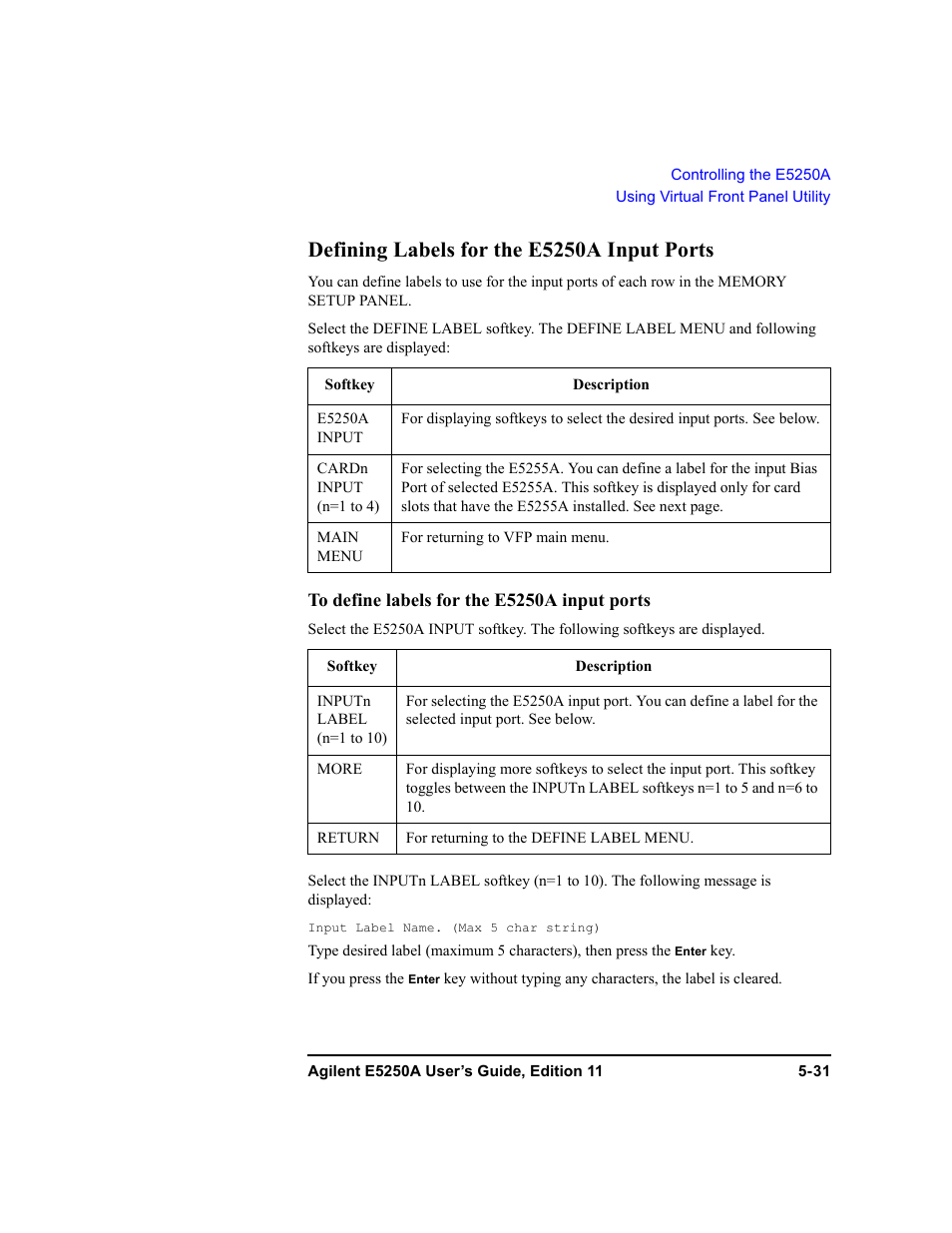Defining labels for the e5250a input ports, Defining labels for the e5250a input ports -31 | Agilent Technologies Agilent E5250A User Manual | Page 125 / 326