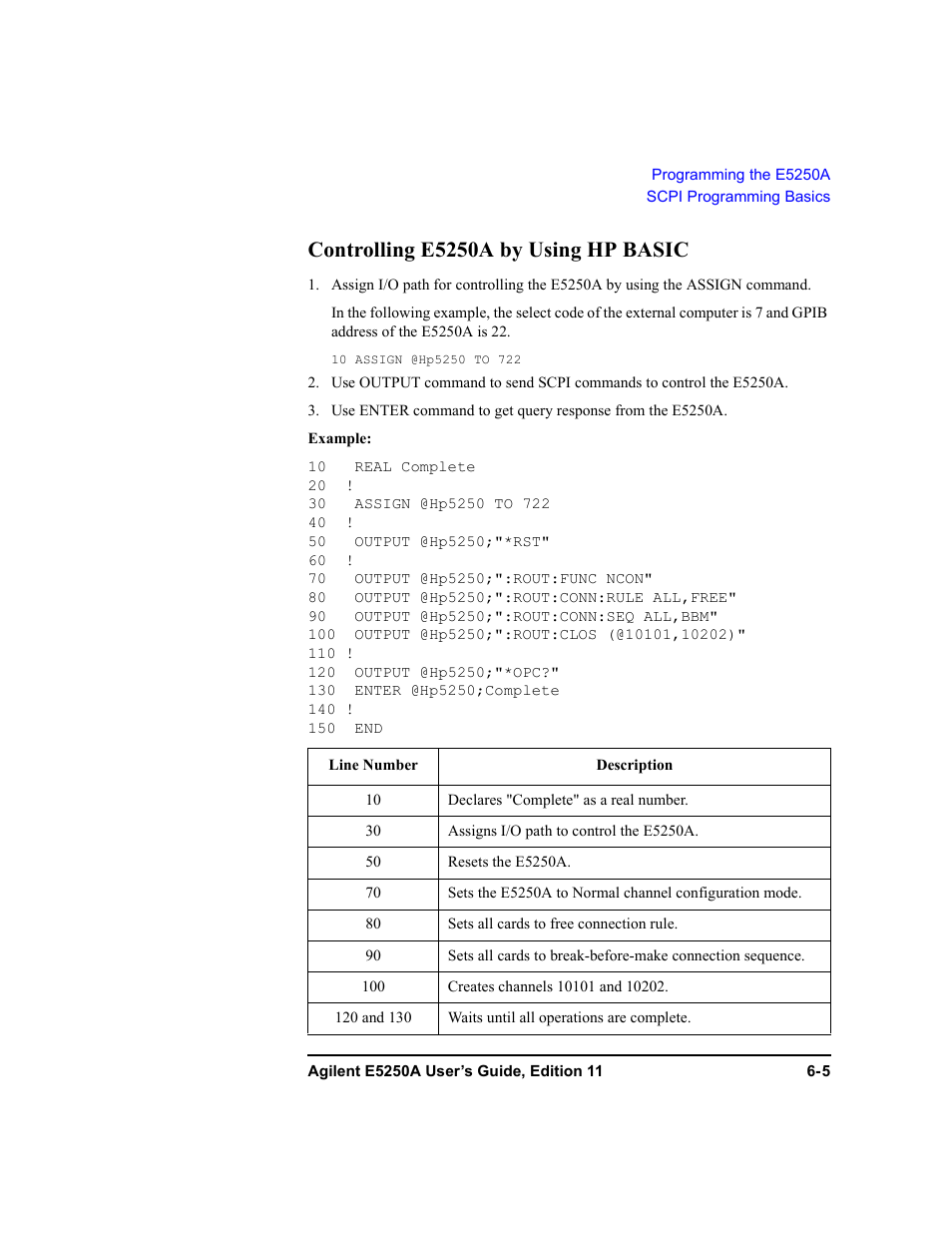 Controlling e5250a by using hp basic, Controlling e5250a by using hp basic -5 | Agilent Technologies Agilent E5250A User Manual | Page 141 / 326