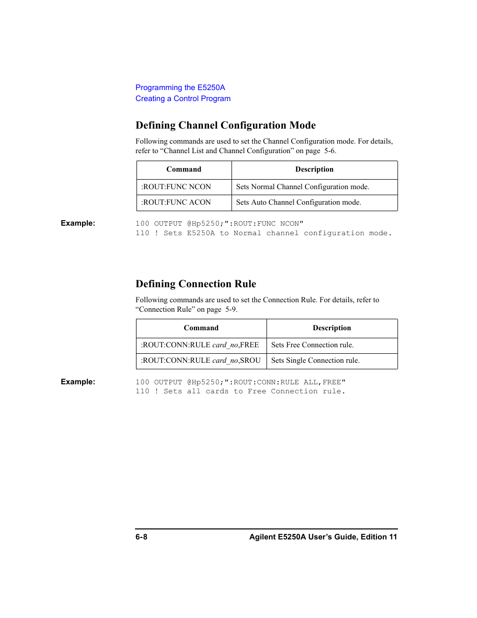 Defining channel configuration mode, Defining connection rule | Agilent Technologies Agilent E5250A User Manual | Page 144 / 326