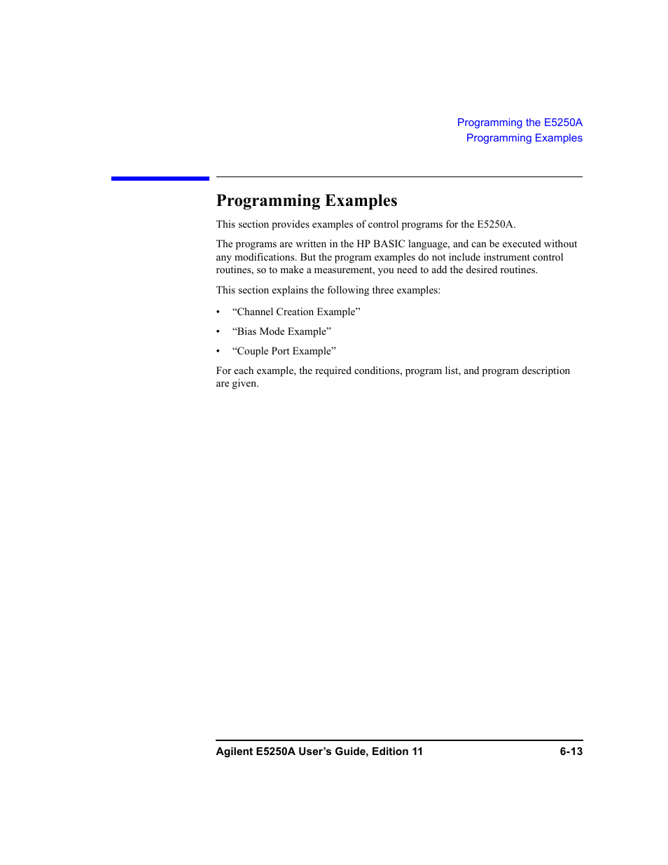 Programming examples, Programming examples -13, Programming examples” pr | Agilent Technologies Agilent E5250A User Manual | Page 149 / 326