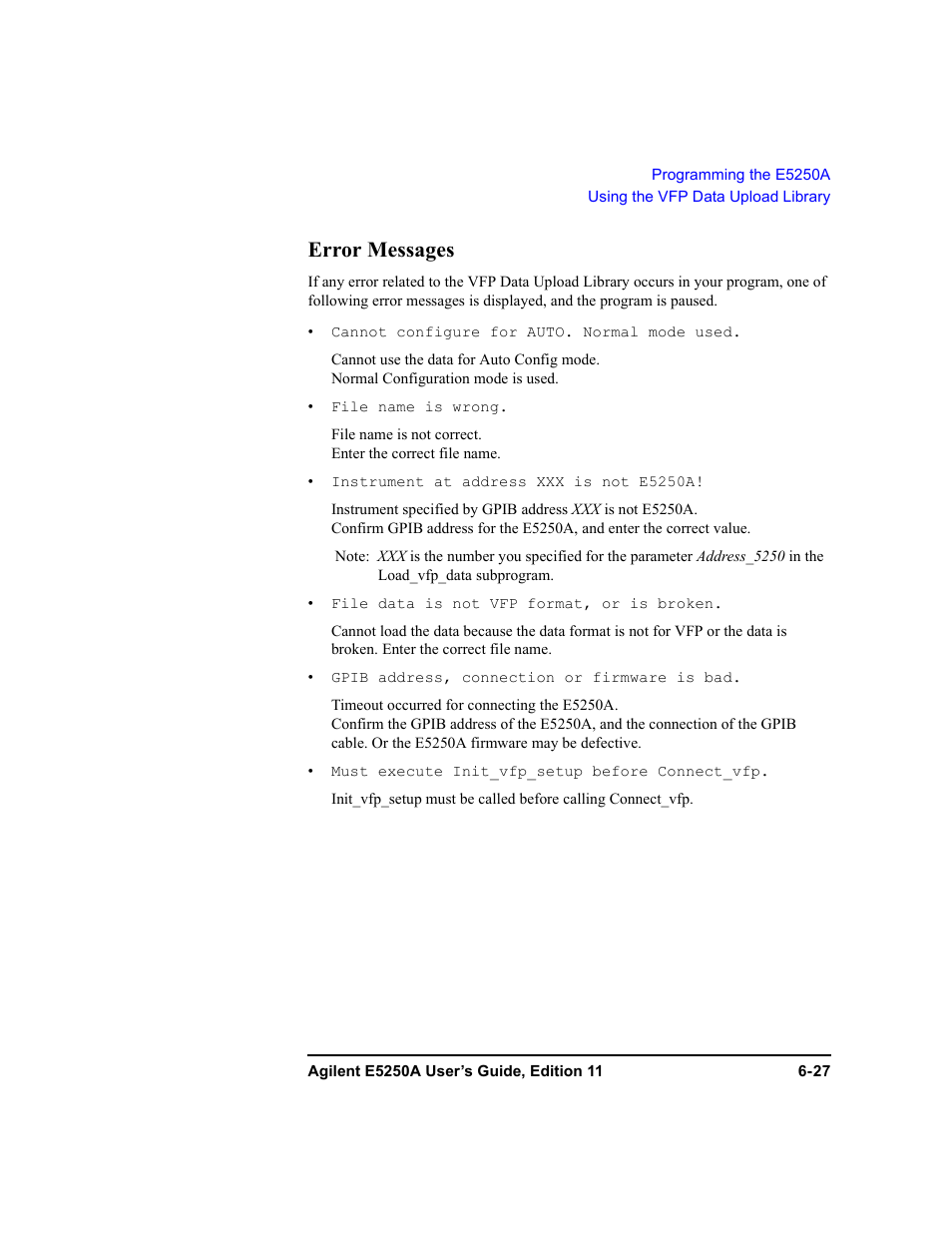 Error messages, Error messages -27 | Agilent Technologies Agilent E5250A User Manual | Page 163 / 326