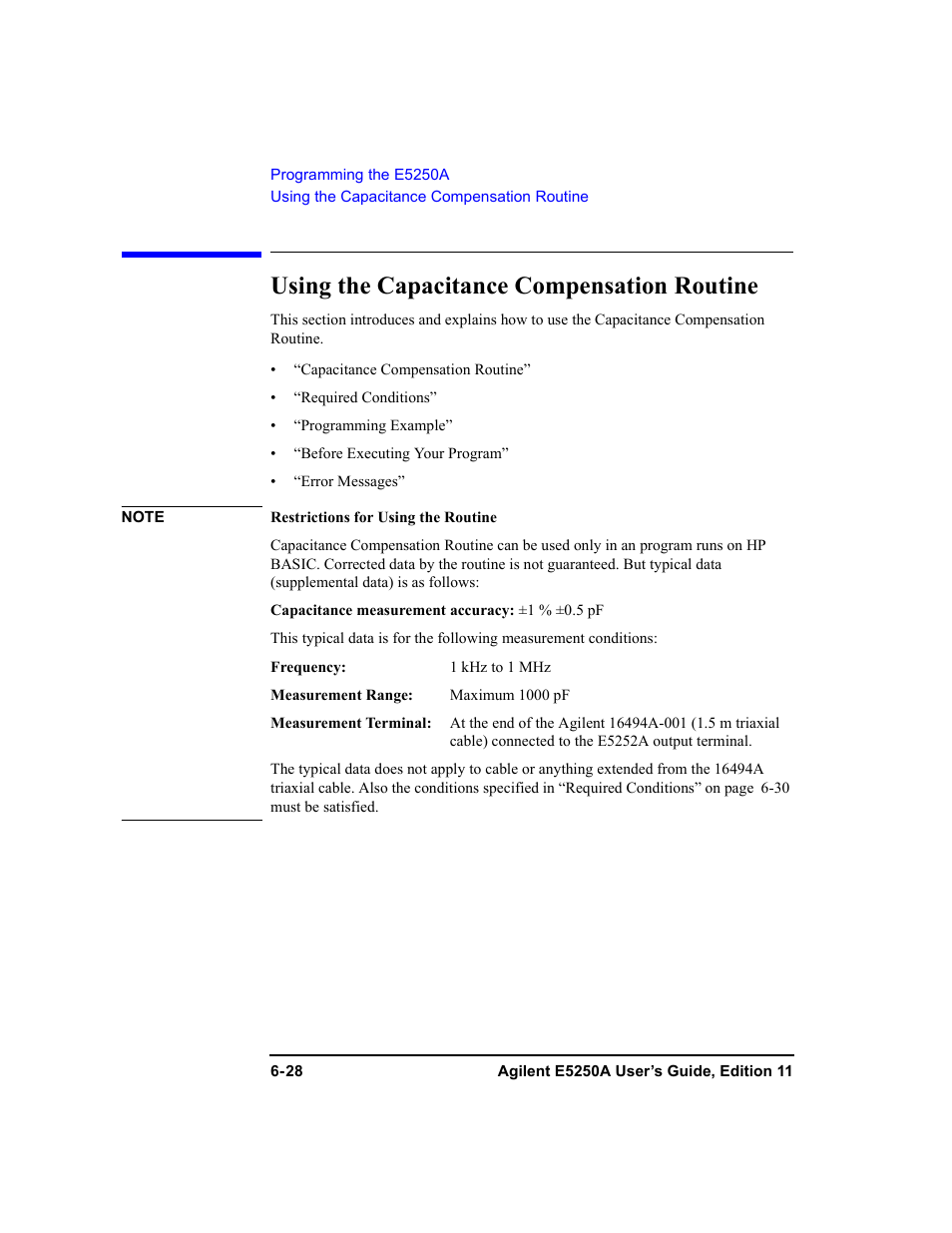 Using the capacitance compensation routine, Using the capacitance compensation routine -28, Using the capacitance compensation routine” ex | Agilent Technologies Agilent E5250A User Manual | Page 164 / 326