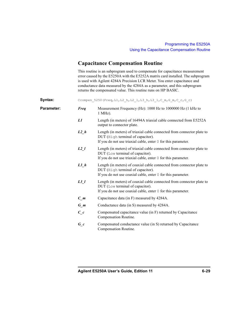Capacitance compensation routine, Capacitance compensation routine -29 | Agilent Technologies Agilent E5250A User Manual | Page 165 / 326