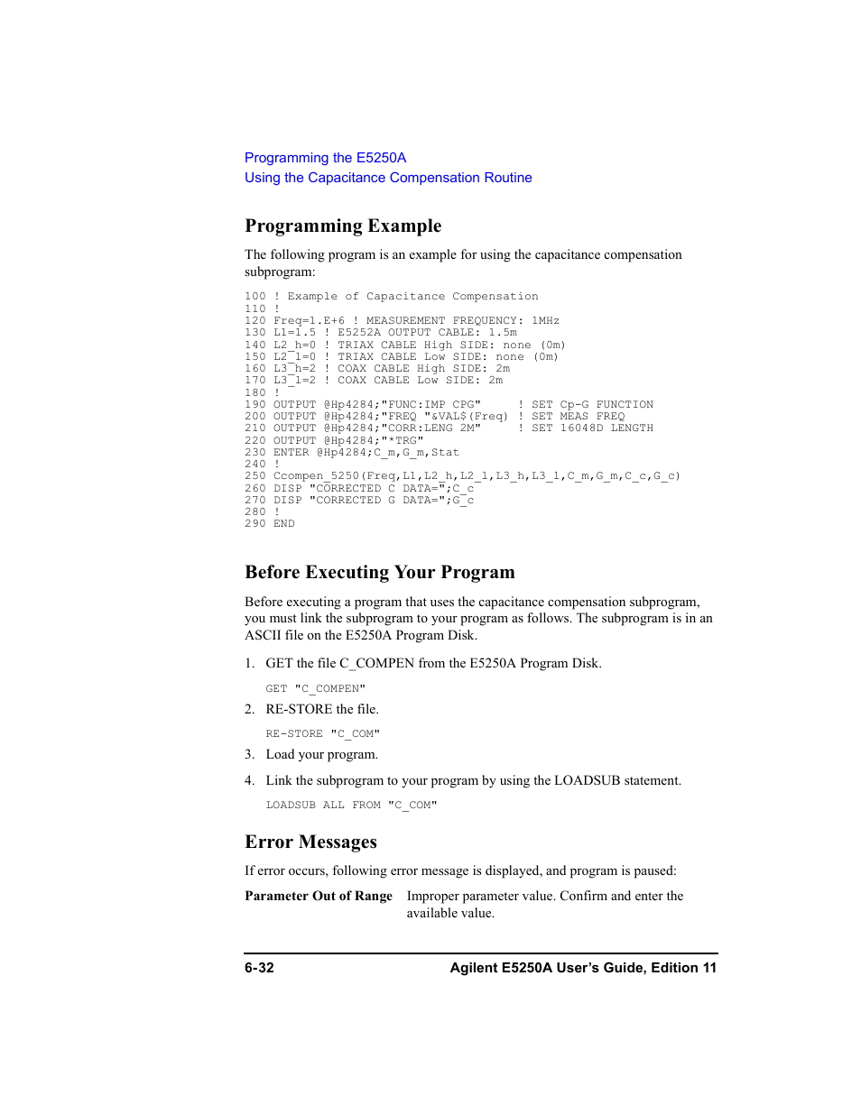 Programming example, Before executing your program, Error messages | Agilent Technologies Agilent E5250A User Manual | Page 168 / 326