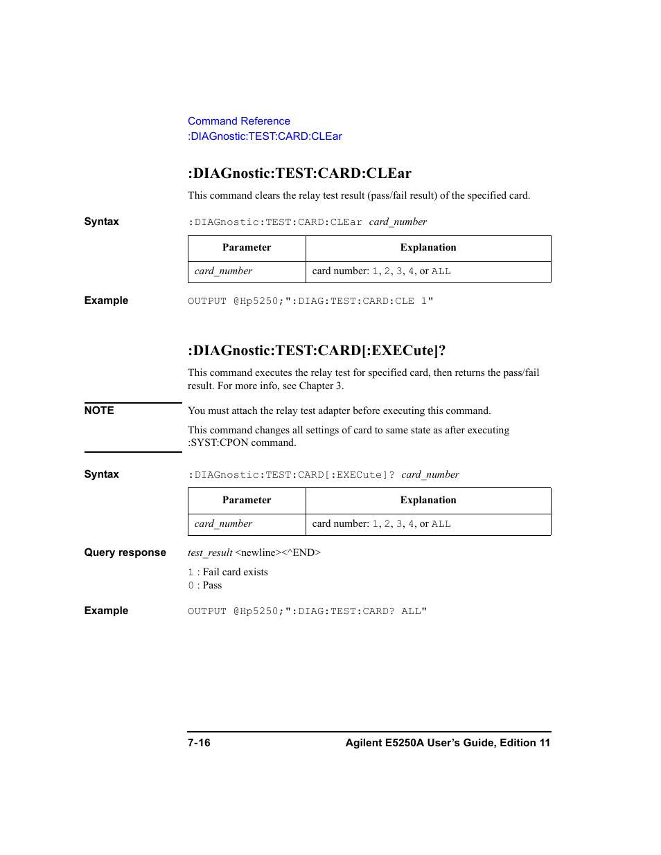 Diagnostic:test:card:clear, Diagnostic:test:card[:execute | Agilent Technologies Agilent E5250A User Manual | Page 184 / 326