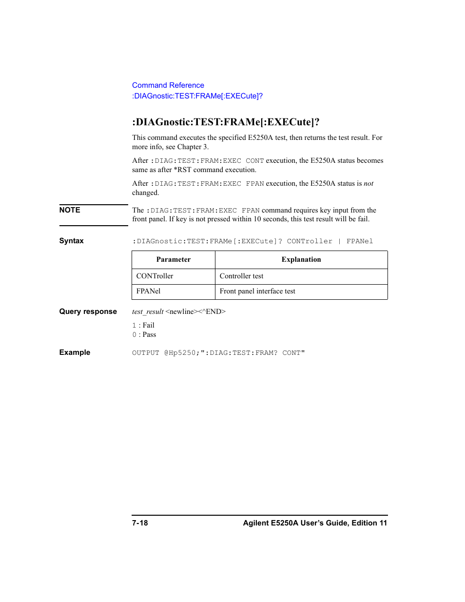 Diagnostic:test:frame[:execute | Agilent Technologies Agilent E5250A User Manual | Page 186 / 326