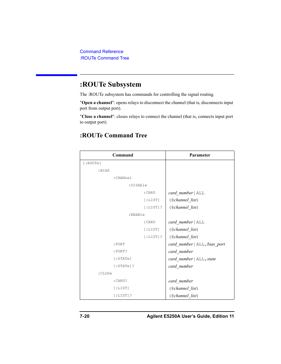 Route subsystem, Route command tree, Route subsystem -20 | Agilent Technologies Agilent E5250A User Manual | Page 188 / 326