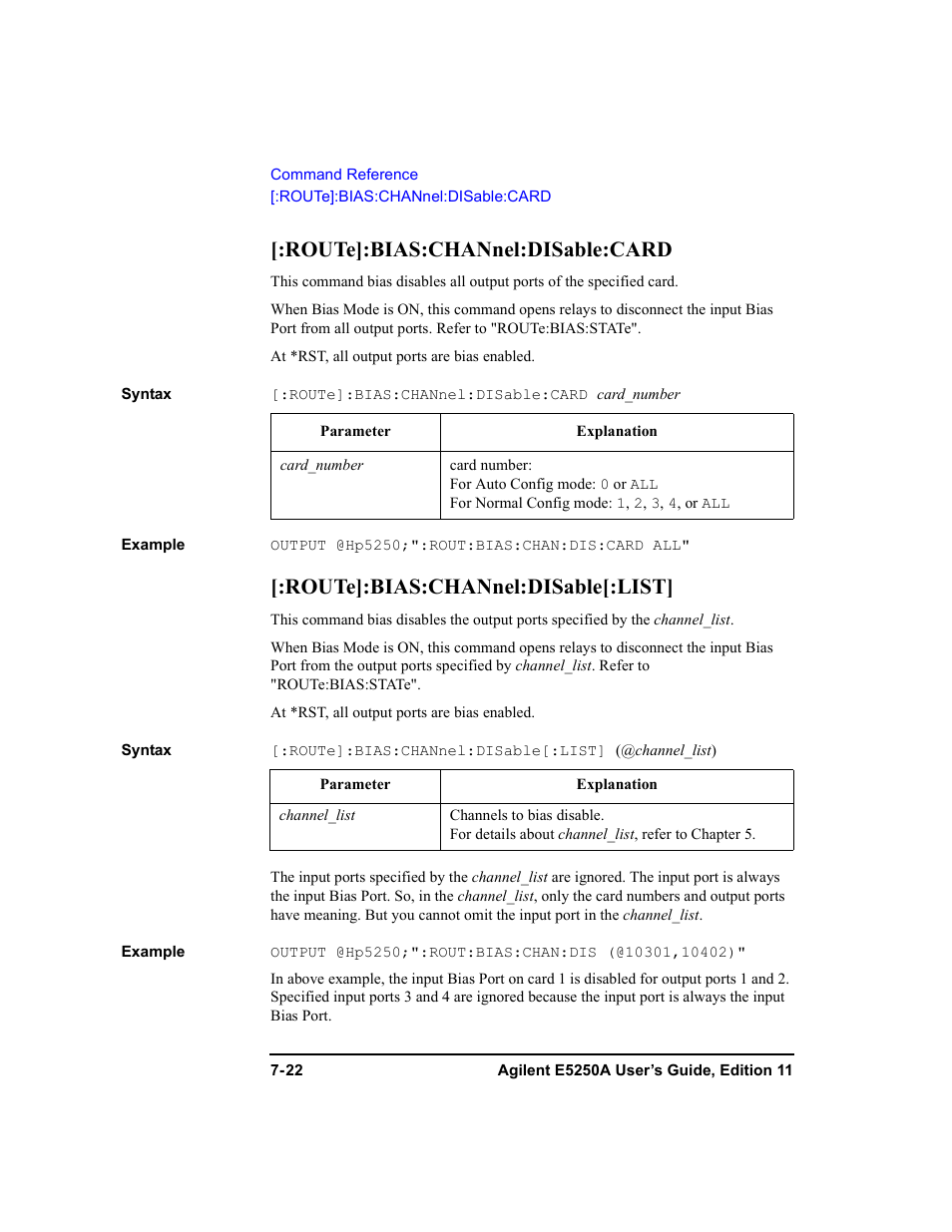 Route]:bias:channel:disable:card, Route]:bias:channel:disable[:list | Agilent Technologies Agilent E5250A User Manual | Page 190 / 326