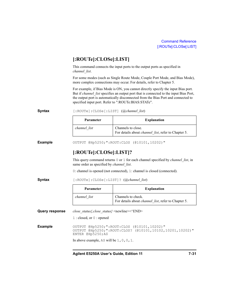 Route]:close[:list | Agilent Technologies Agilent E5250A User Manual | Page 199 / 326
