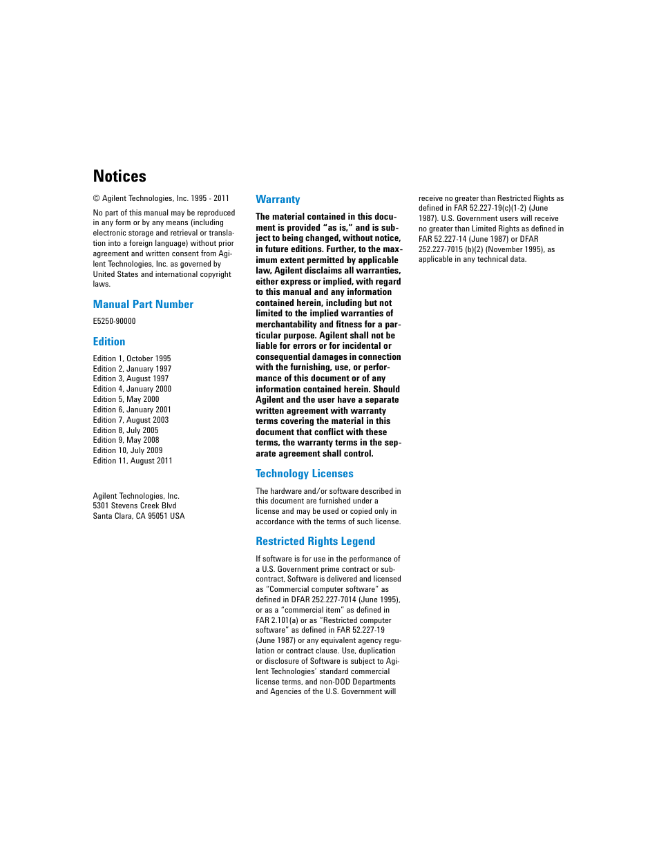 Notices, Manual part number, Edition | Warranty, Technology licenses, Restricted rights legend | Agilent Technologies Agilent E5250A User Manual | Page 2 / 326