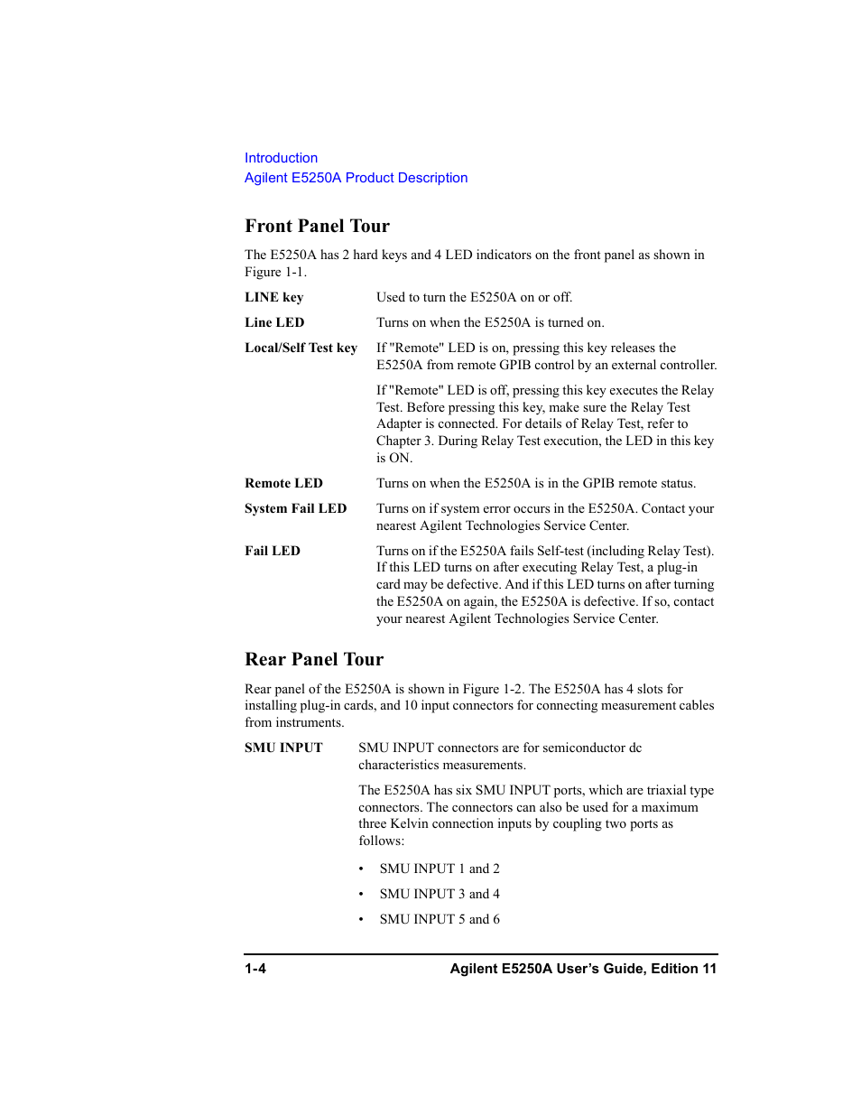 Front panel tour, Rear panel tour, Front panel tour -4 rear panel tour -4 | Agilent Technologies Agilent E5250A User Manual | Page 20 / 326