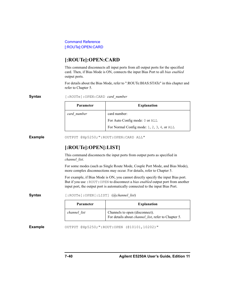 Route]:open:card, Route]:open[:list | Agilent Technologies Agilent E5250A User Manual | Page 208 / 326