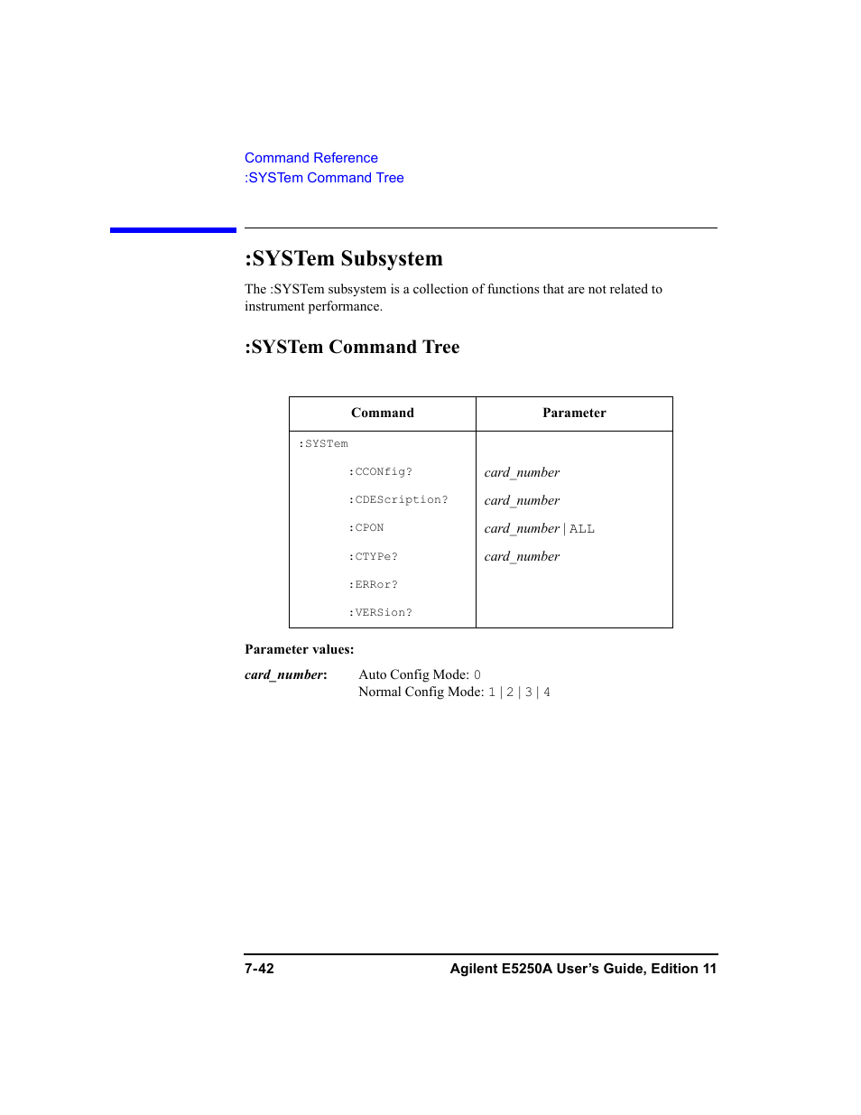 System subsystem, System command tree, System subsystem -42 | Agilent Technologies Agilent E5250A User Manual | Page 210 / 326